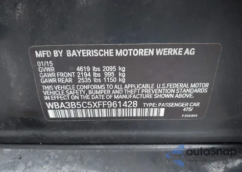 2015 BMW 328I xDrive z USA, uszkodzony, nr VIN WBA3B5C5XFF961428